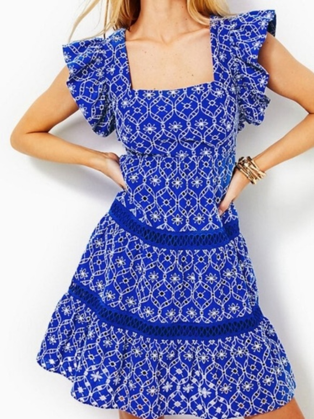 Lilly Pulitzer Morrie Ruffle Sleeve Blue Grotto Flutter Eyelet